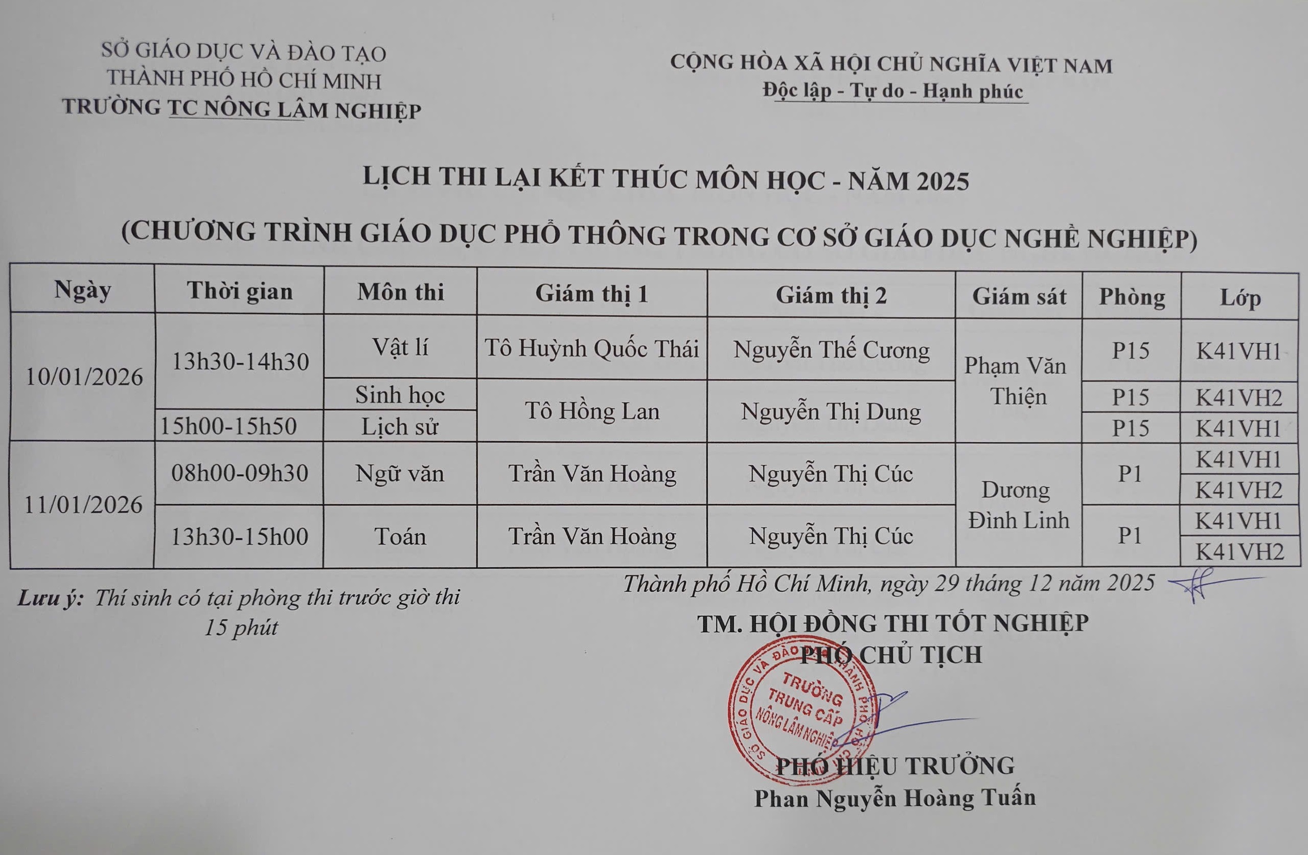 Lịch thi lại văn hóa 04 môn (K41VH ngày 10 và 11/01/2026)